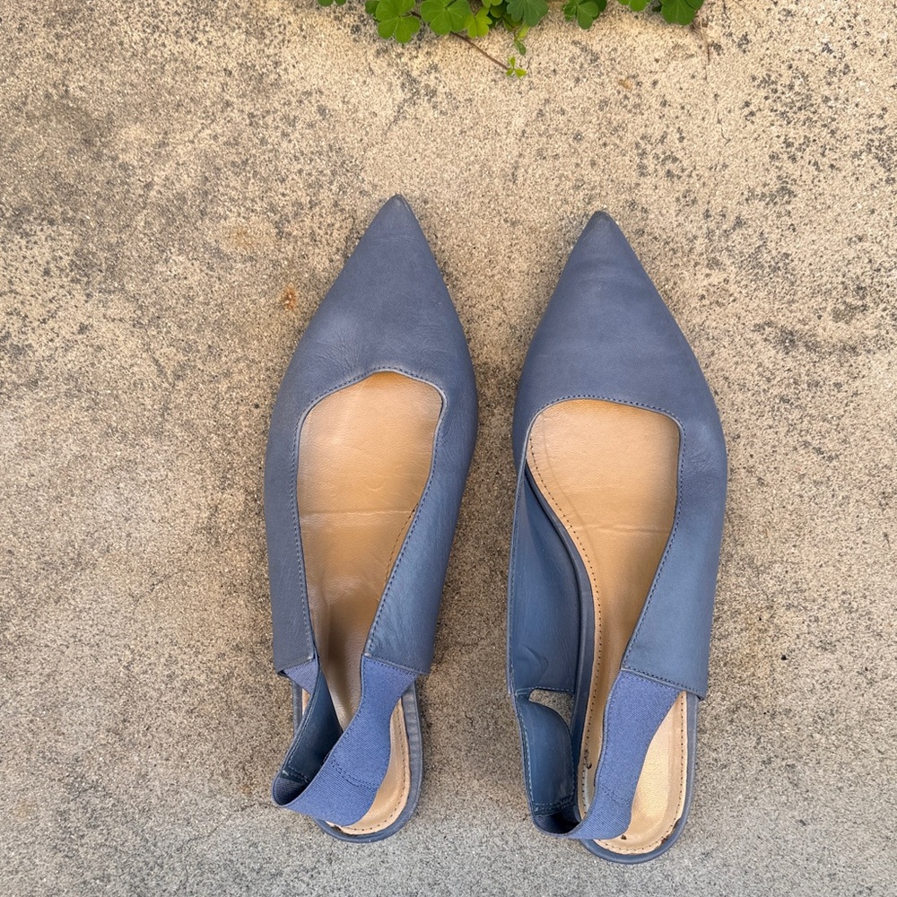 Light Blue Leather Pointy Flat Open Back